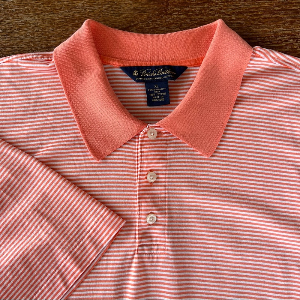 Brooks Brothers Men’s Short Sleeve Polo Shirt Peachy Orange White Stripes XL